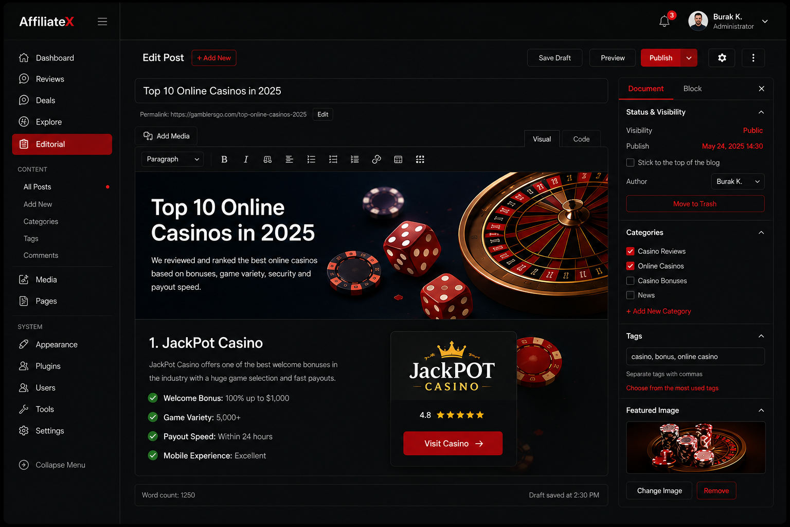 AffiliateX Editorial CMS preview